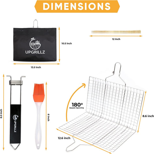BBQ Fish Grill Basket for Outdoor Grill, Stainless Steel Vegetable Grilling Basket with Detachable and Foldable Handle Includes 50 Bamboo Skewers, Basting Brush, and Carry Bag