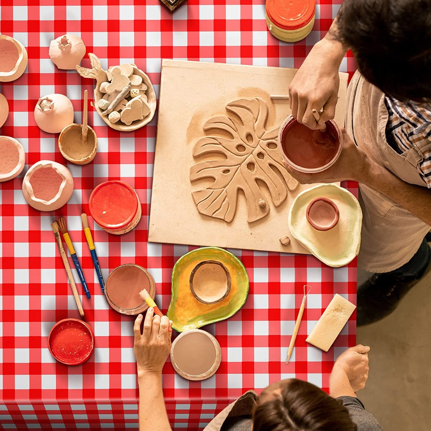 Chumia 12 Pieces Plastic Checked Picnic Tablecloth Rectangle Disposable Gingham Table Cloth 54 X 108 Inch 8 Foot Waterproof Camping Table Covers for Barbecue Holiday Birthday Parties (Red Checkered)