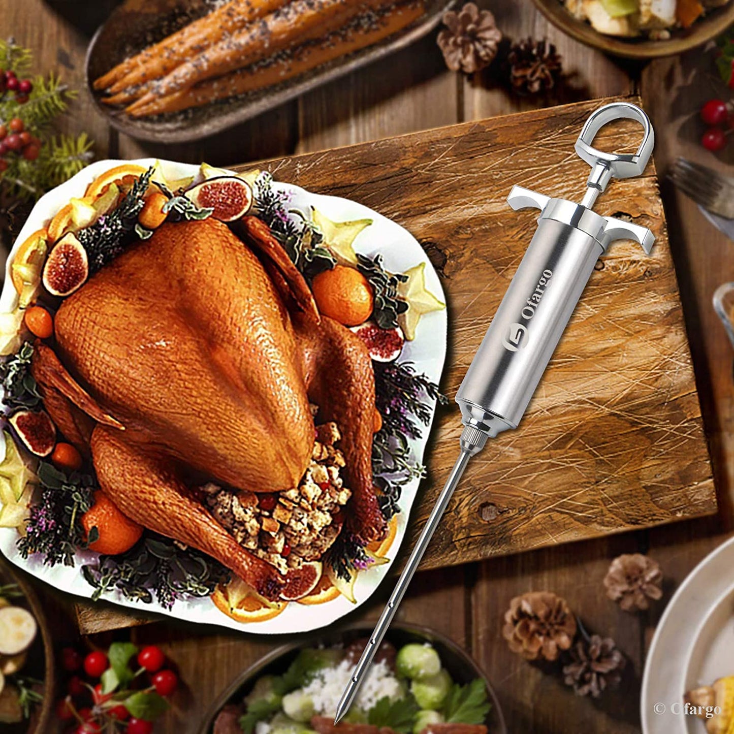 Ofargo 304-Stainless Steel Meat Injector Syringe Kit with 4 Marinade Needles for BBQ Grill Smoker, 2-Oz Large Capacity, Both Paper User Manual and E-Book Recipe