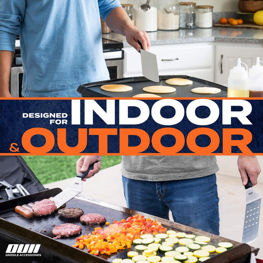 OUII Flat Top Griddle Accessories Set for Blackstone and Camp Chef Griddle - 14 Pieces Set with Griddle Cleaning Kit & Carry Bag! Metal Spatula, Griddle Scraper, Egg Rings for Teppanyaki & Gas Grill