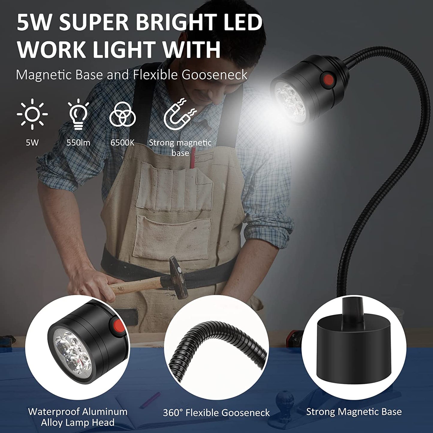 Magnetic Work Light, LED Machine Light with Flexible Gooseneck and Magnetic Base, Shop Tool Lamp for Lathe, Work Bench, Sewing Machine, Grill, Industrial Lighting Black