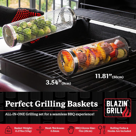 BLAZIN' GRILL Rolling Grill Basket | 2 Rolling Grilling Baskets for Outdoor Grilling | ALL-IN-ONE Barbecue Grill Set with BBQ Gloves | Perfect Grill Basket for Veggies, Seafood, Chips & Meats | 304 Stainless Steel & 0.8Mm Strong Mesh |