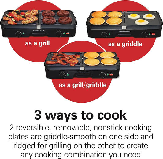 3-In-1 Electric Indoor Grill + Griddle, 8-Serving, Reversible Nonstick Plates, 2 Cooking Zones with Adjustable Temperature (38546), Black
