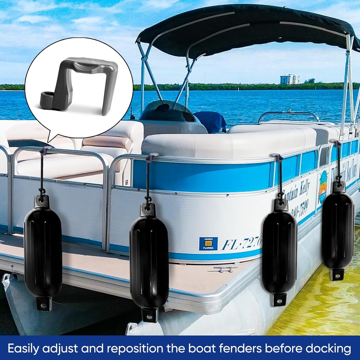 Boat Bumper Clips Hangers Adjusters Cleats 4Pack, Pontoon Fender Clips for Docking, Durable ABS Boat Fender Clips for 1 Inch and 1.25 Inch Square Tube, Grey