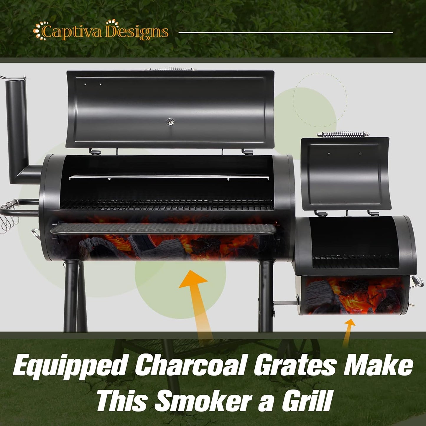 Captiva Designs Heavy Duty Outdoor Smoker,Extra Large Cooking Area(941 Sq.In. in Total) Offset Smoker, Best Charcoal Smoker and Grill Combo for Outdoor Garden Patio and Backyard Cooking