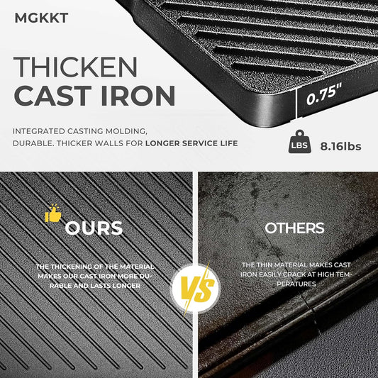 1-Piece 16.50 Inch Cast Iron Griddle Plate | Reversible Pre-Seasoned Cast Iron Grill Pan for Gas Stovetop | Double Sided Used on Open Fire & in Oven | Pre-Coated with Oil