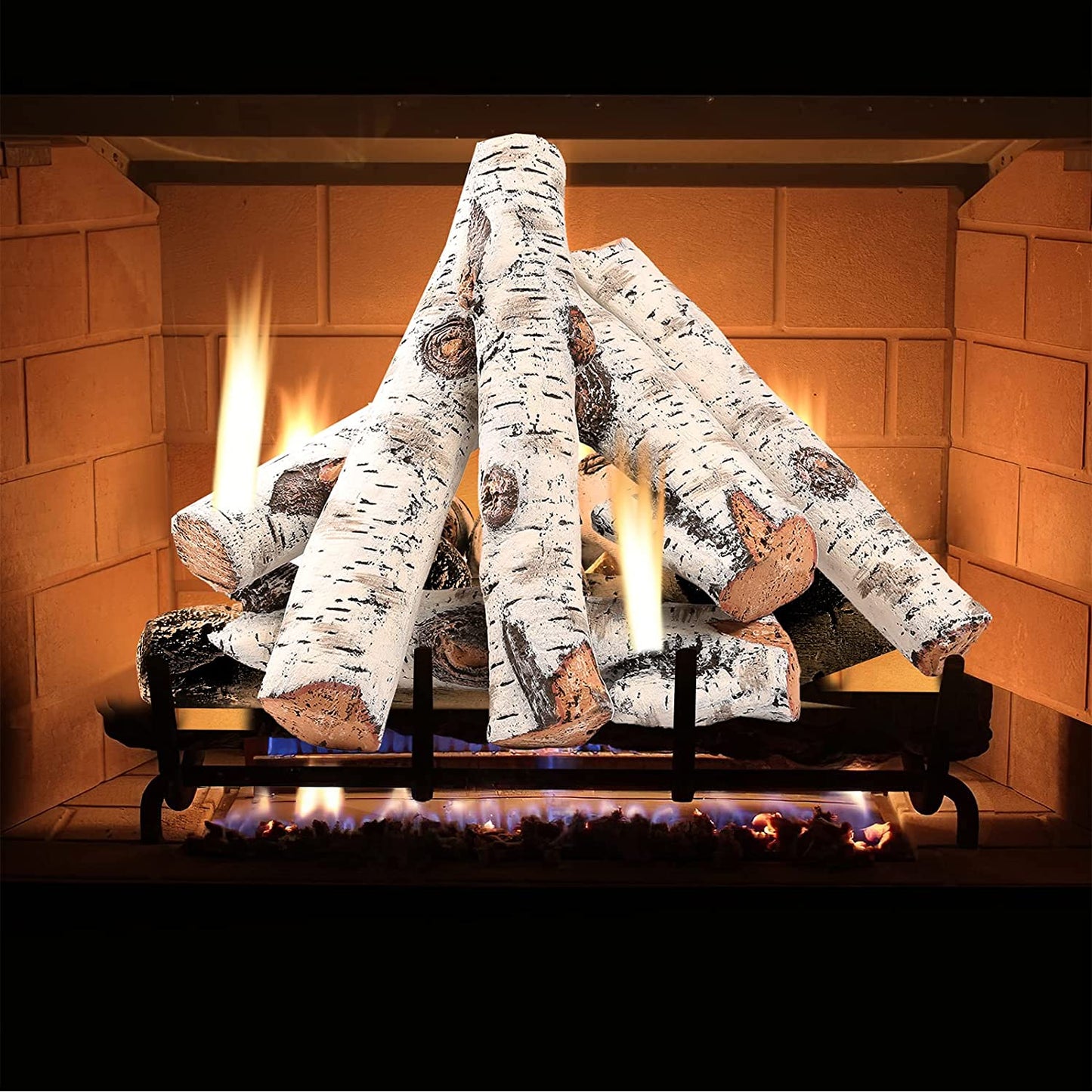 Gas Fireplace Logs Set Ceramic White Birch for Intdoor Inserts, Vented, Propane, Electric Gas Fireplaces, Outdoor Firebowl, Linear Fire Pits Ceramic Fiber Fake Wood Logs,Fireplace Decor, 6Pcs