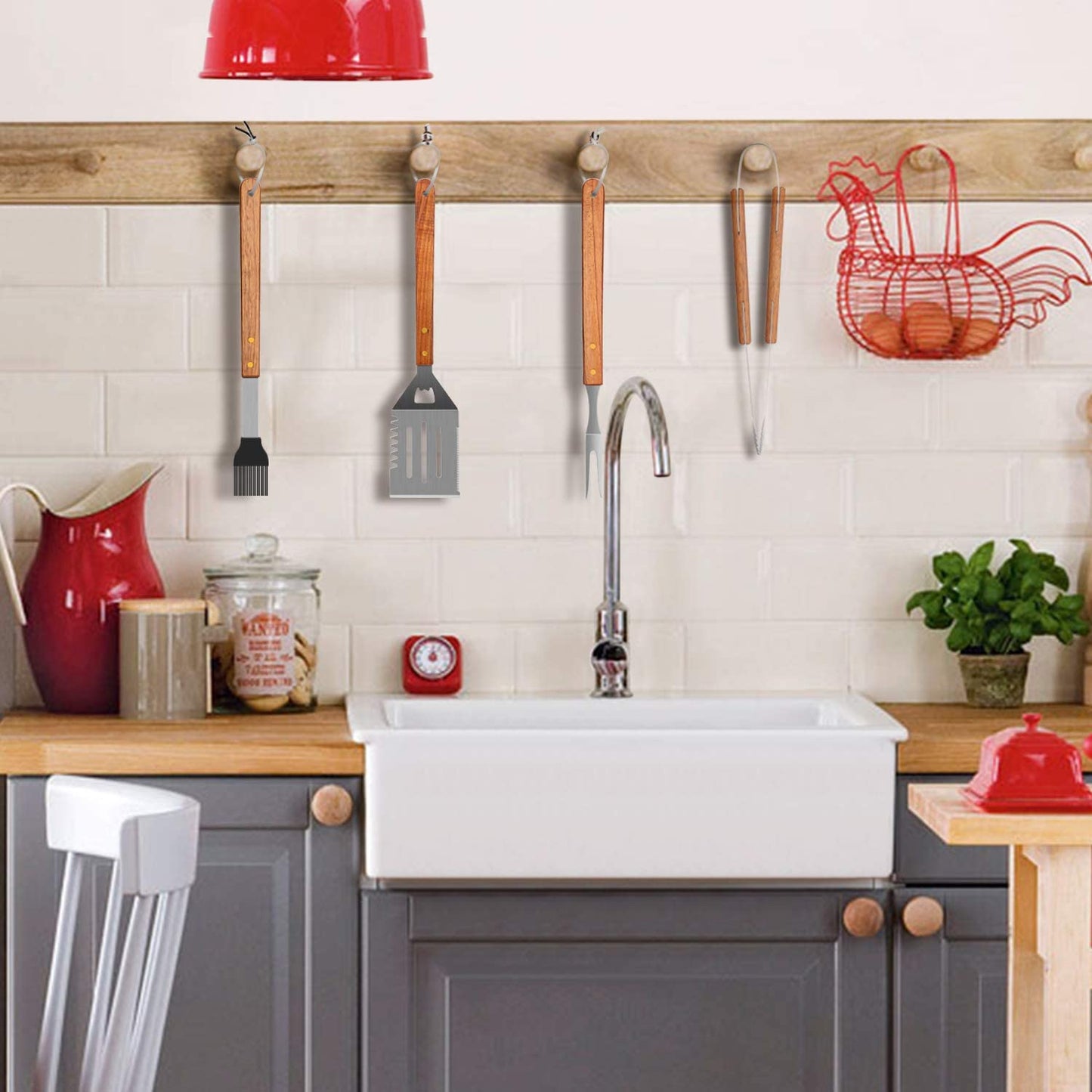 Wooded BBQ Accessories Grilling Tools,Stainless Steel BBQ Tools Grill Tools Set for Cooking, Backyard Barbecue & Outdoor Camping Gift for Man Dad Women Barbecue Enthusiasts Set of 4