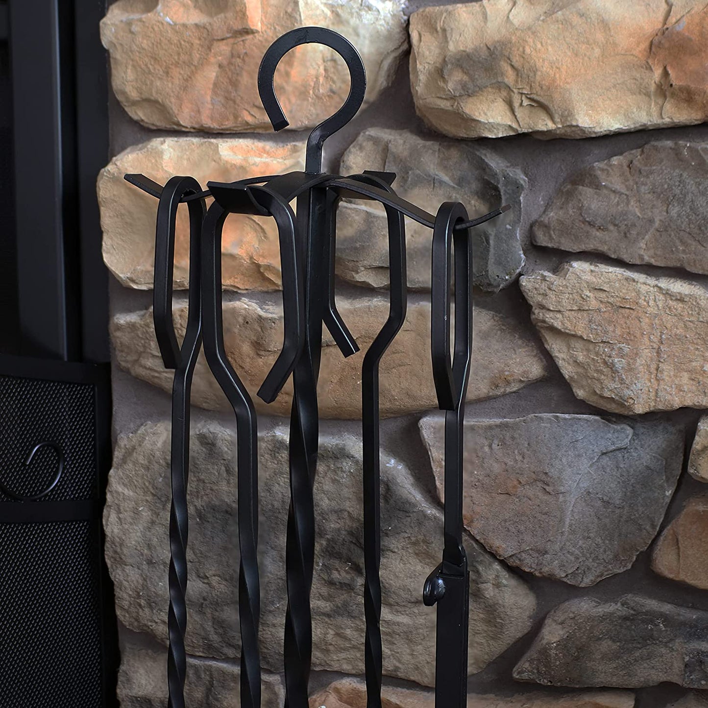 Sunnydaze 4-Piece Fireplace Tool Set with Stand - Heavy-Duty Black Steel Poker, Shovel, Log Grabber and Broom