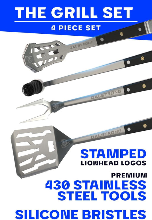 4-Piece Professional BBQ Pitmaster Grill Set - Premium High-Carbon Stainless Steel Grilling Accessories - 18 Inch Length - Silicone Brush, Spatula, Tongs, Fork - G10 Handles Kitchen Set