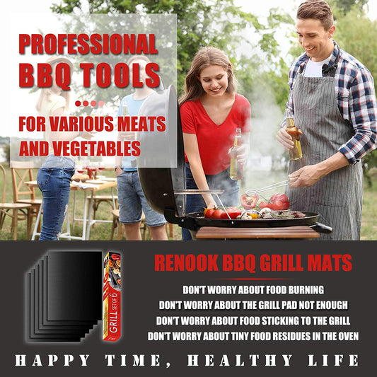 Grill Mat Set of 6 - 100% Non-Stick BBQ Grill Mats, Heavy Duty, Reusable, and Easy to Clean - Works on Electric Grill Gas Charcoal BBQ - 15.75 X 13-Inch, Black