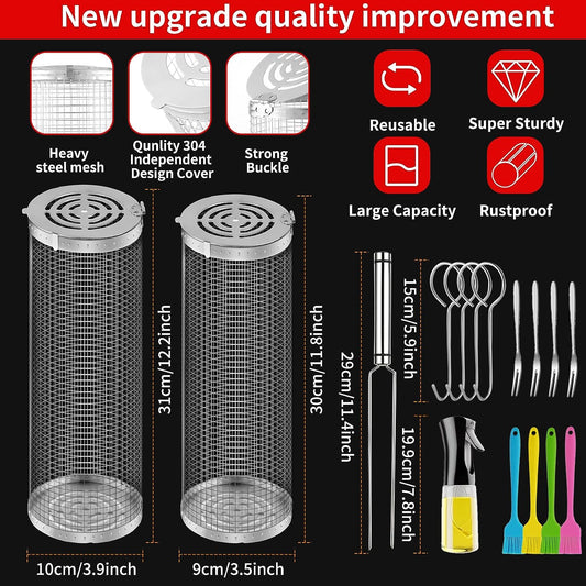 Rolling Grilling Baskets for Outdoor Grill Bbq ,Stainless Steel Grill Mesh Barbeque Grill Accessories,Outdoor round BBQ Stainless Steel Grill Basket Campfire Grill Grid - Camping Picnic Cookware (2Pc-12.2In*3.9In+11.8In*3.5In)