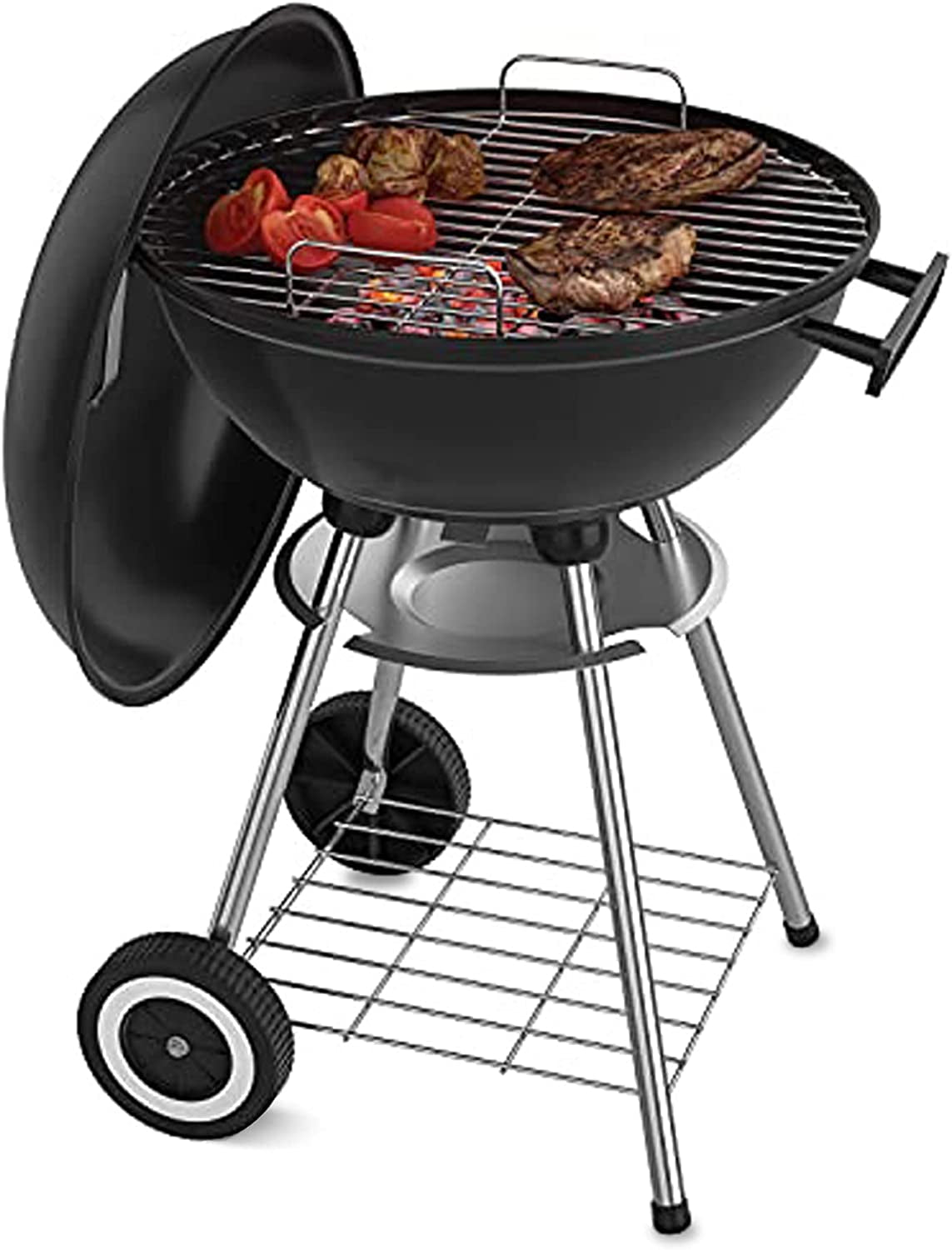 18 Inch Portable Charcoal Grill with Wheels for Outdoor Cooking Barbecue Camping BBQ Coal Kettle Grill - Heavy Duty round with Thickened Grilling Bowl Wheels for Small Patio Backyard
