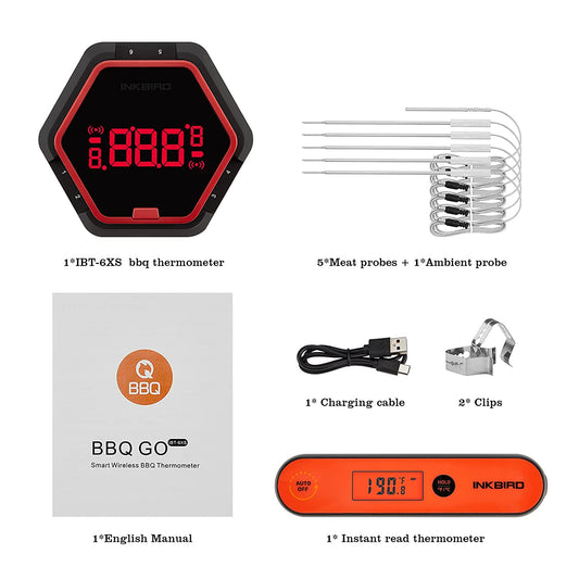 6 Probes Bluetooth Grill Thermometer IBT-6XS & Instant Fast Read Meat Thermometer IHT-1P, Rechargeable Wireless Meat Thermometer with Timer Alarm Magnet for Food, Kitchen, Outdoor Cooking