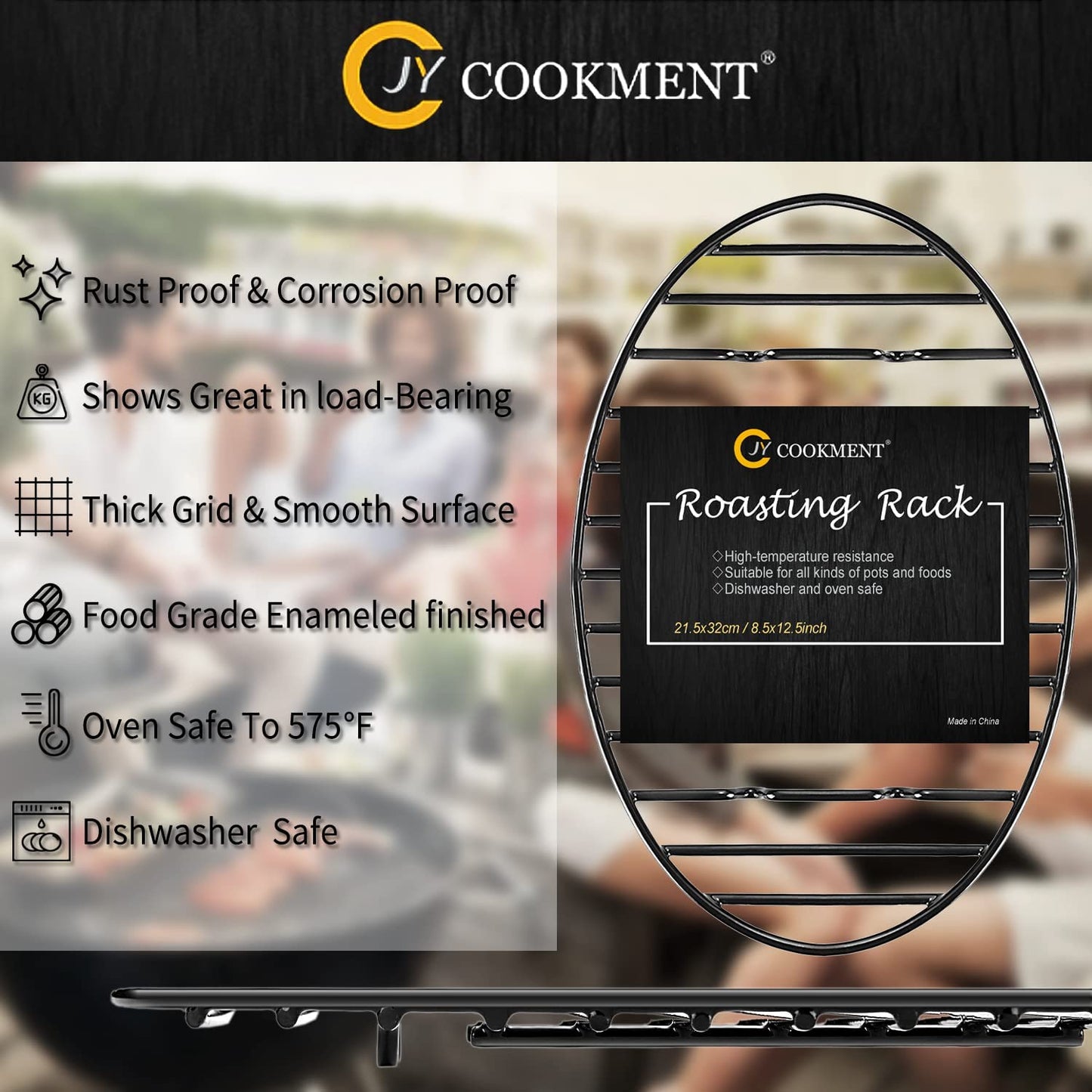 JY COOKMENT Roasting Rack with Integrated Feet, Cooling Drying Rack Kitchen Rack with Enameled Coating, PTFE Free, Great for Cooking, Roasting, Drying, Grilling, Dishwasher Safe (12.5Inch*8.5Inch)