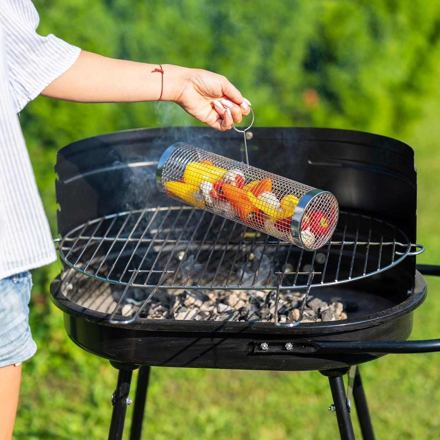 Rolling Grill Basket Set - Two BBQ Grilling Baskets, One Oil Brush, Fork and Hook. BBQ Grilling Accessories Set - Perfect Grill Accessories for Outdoor Grill or Campfire Grill Grate, Grill Pan Grill Tools Grilling Gifts