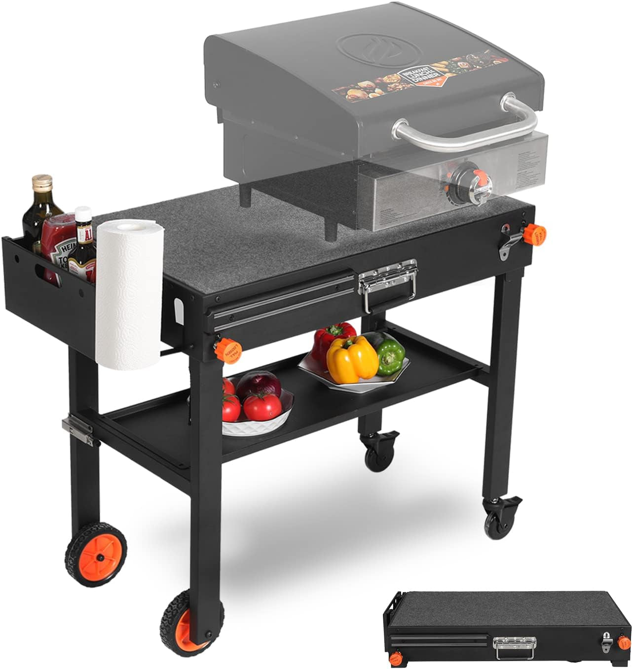 Portable Outdoor Grill Table, Folding Grill Cart Solid and Sturdy, Blackstone Griddle Stand Large Space, Blackstone Table with Paper Towel Holder, Grill Stand for Blackstone Griddle, Ninia Grill Etc.