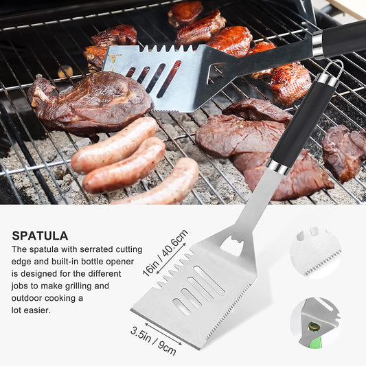 30PCS BBQ Grill Tools Set with Thermometer and Meat Injector. Extra Thick Steel Spatula, Fork& Tongs - Complete Grilling Accessories in Portable Bag - Perfect Grill Gifts for Men and Women