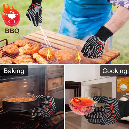 BBQ Gloves, 1472℉ Extreme Heat Resistant, Silicone Non-Slip Oven Mitts, Kitchen Gloves for Grilling, Cooking, Baking-1 Pair… (One Size Fits Most, Black)