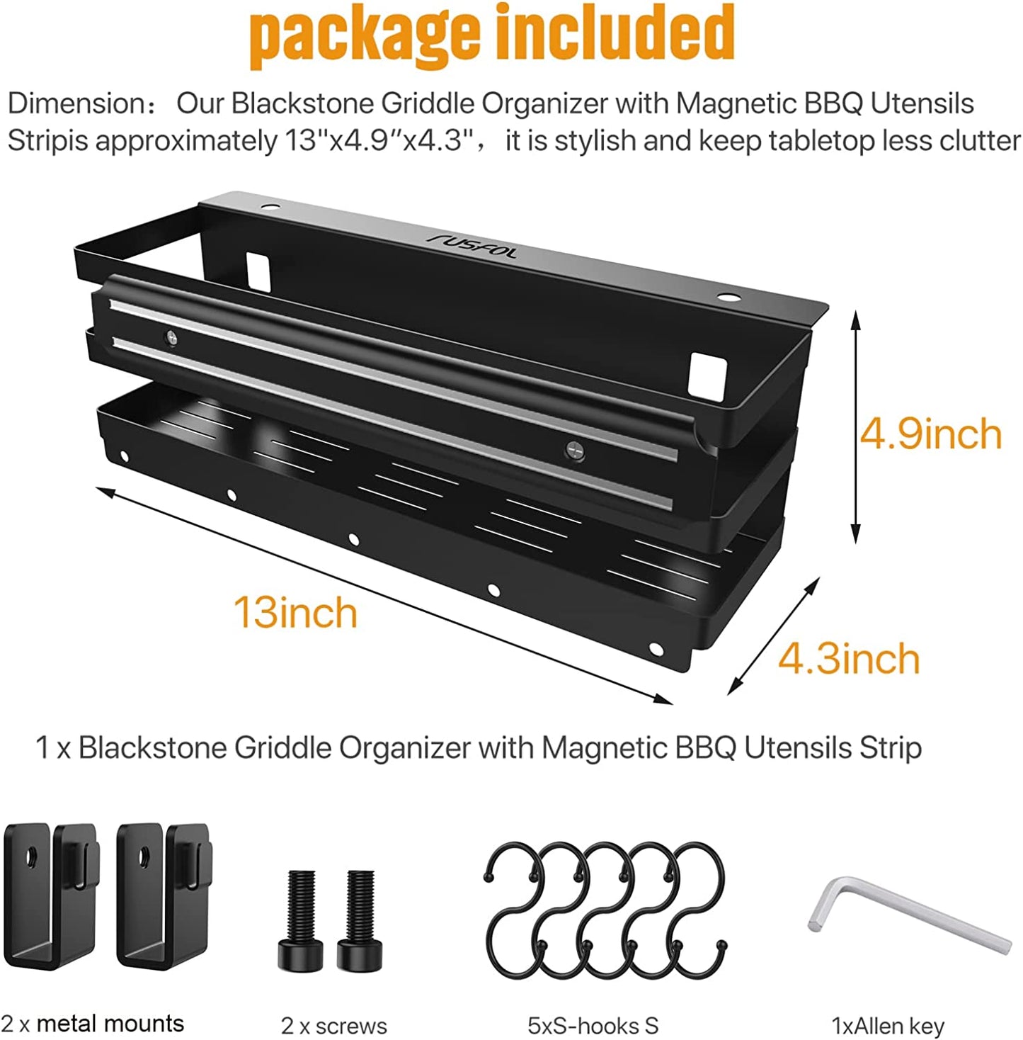Stainless Steel Griddle Caddy with Magnetic BBQ Utensils Strip for 28"/36" Blackstone Griddles, with a Allen Key, Space Saving BBQ Accessories Storage Box, Free from Drill Hole&Easy to Install
