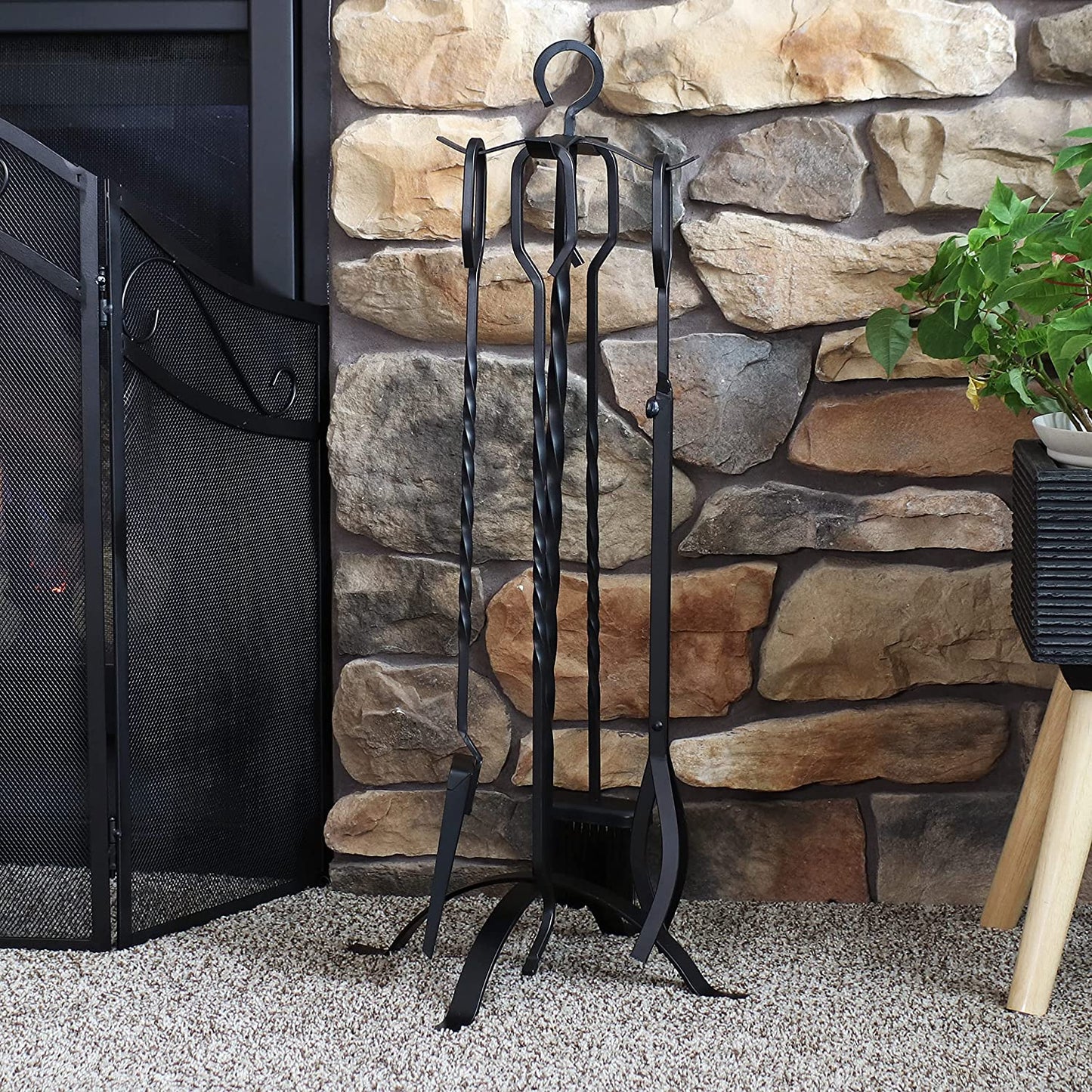 Sunnydaze 4-Piece Fireplace Tool Set with Stand - Heavy-Duty Black Steel Poker, Shovel, Log Grabber and Broom