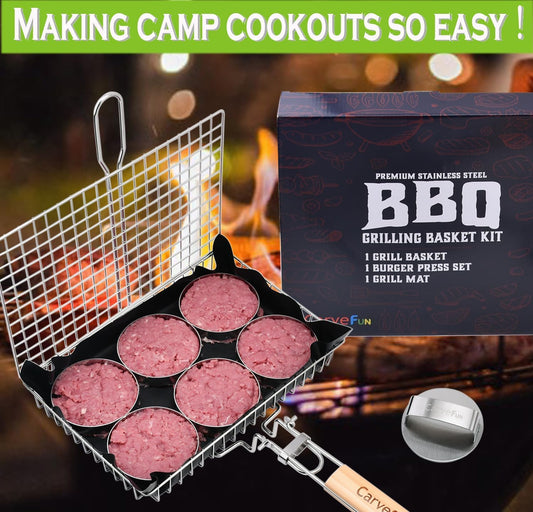 Grill Basket Stainless Steel BBQ Grilling Basket with Burger Press Set.Grill Basket for Fish,Vegetables BBQ Camping Accessories Outdoor Grilling Gifts for Men Dad Folding Grill Basket with Removable Handle