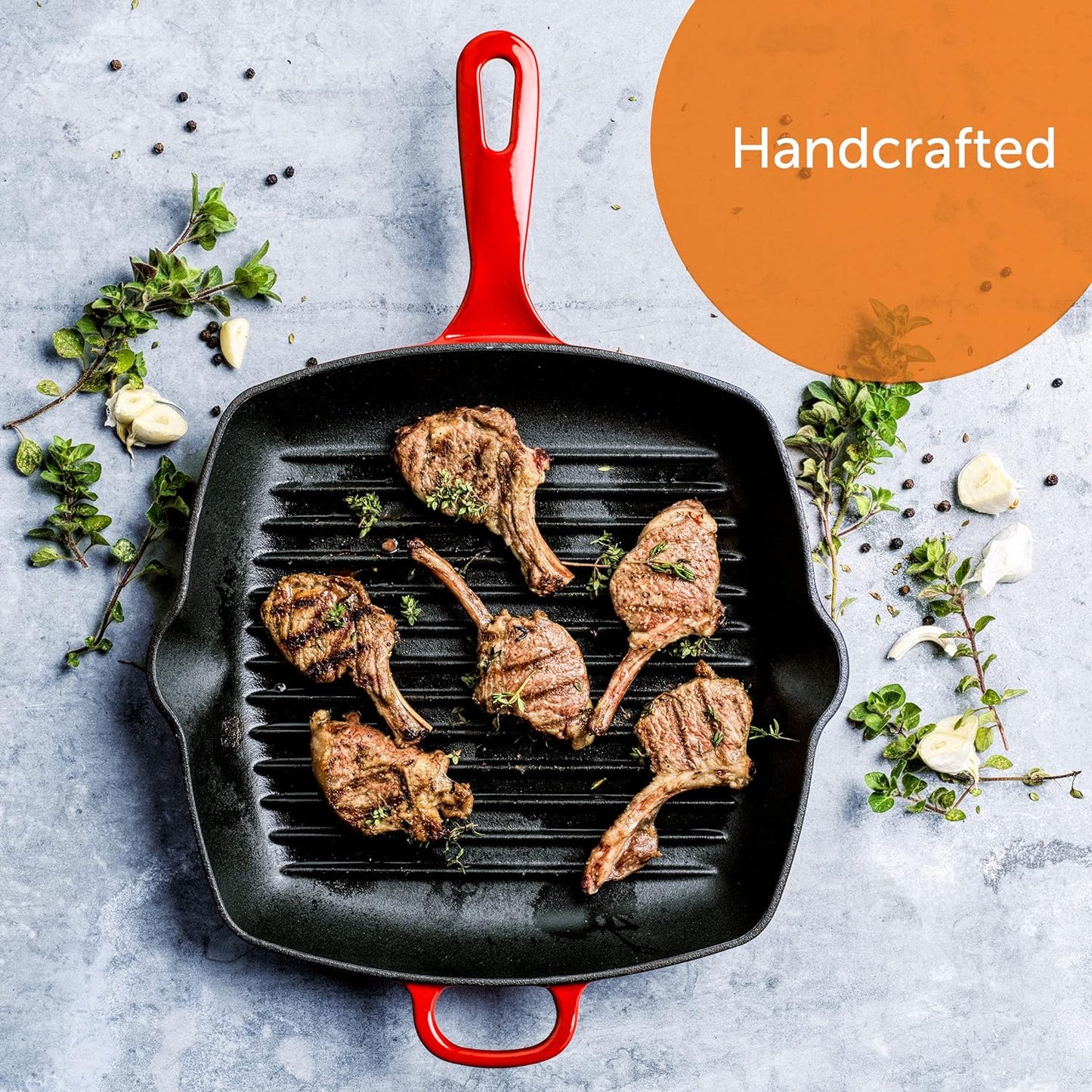 Bourgogne Enameled Cast Iron Induction Nonstick Grill Pan, PFAS Free, Dishwasher Safe, Chili Red