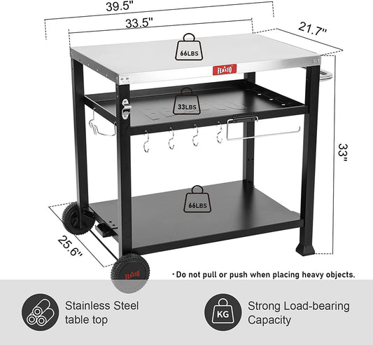 3-Shelf Movable Food Prep and Pizza Oven Table, BBQ Grilling Table, Home & Outdoor Multifunctional Stainless Steel Table Top Worktable on 2 Wheels, L39.5 X W25.6 X H33