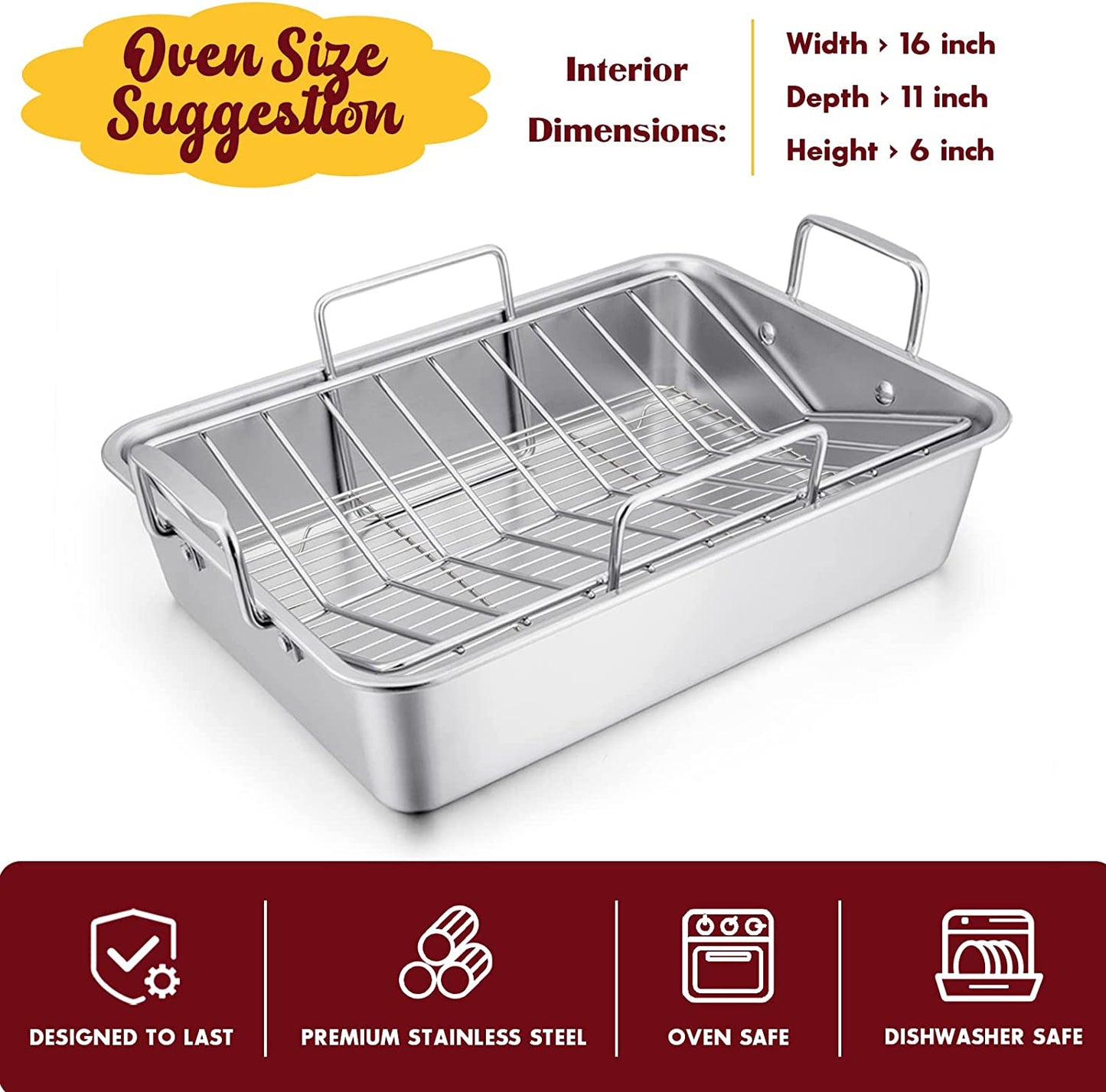 Stainless Steel Roasting Pan, E-Far 14 X 10.6 Inch Heavy Duty Turkey Roaster with V Rack & Baking Rack Set, Small Metal Deep Broiling Pan for Oven Cooking Lasagna Meat Chicken - Dishwasher Safe