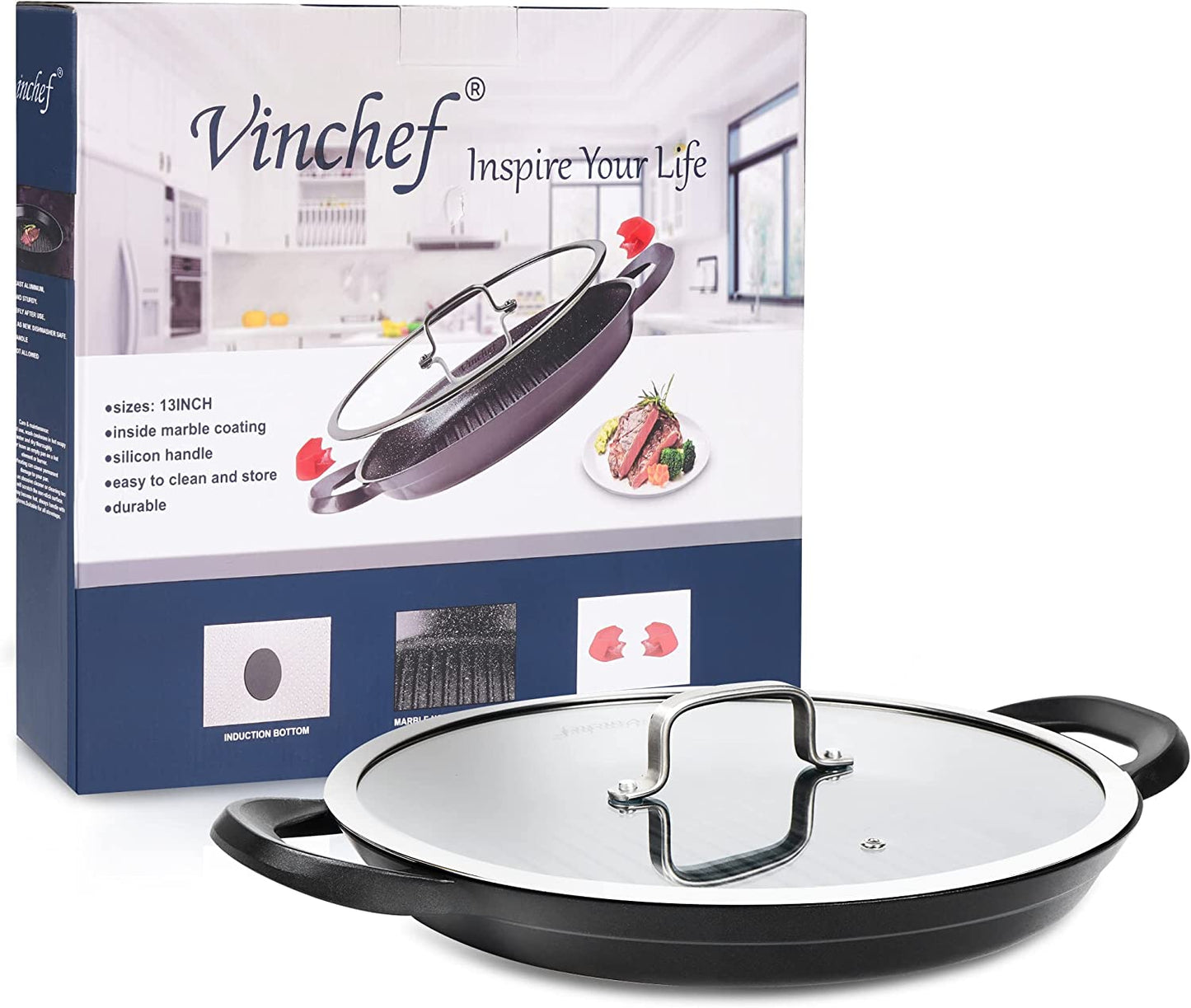 Nonstick Grill Pan for Stove Tops | 13.0" Skillet, Indoor Induction Cast-Aluminum Grill Pan with Lid and Anti-Scalding Tools, GRANITEC Nonstick Coating, Dishwasher & Oven Safe