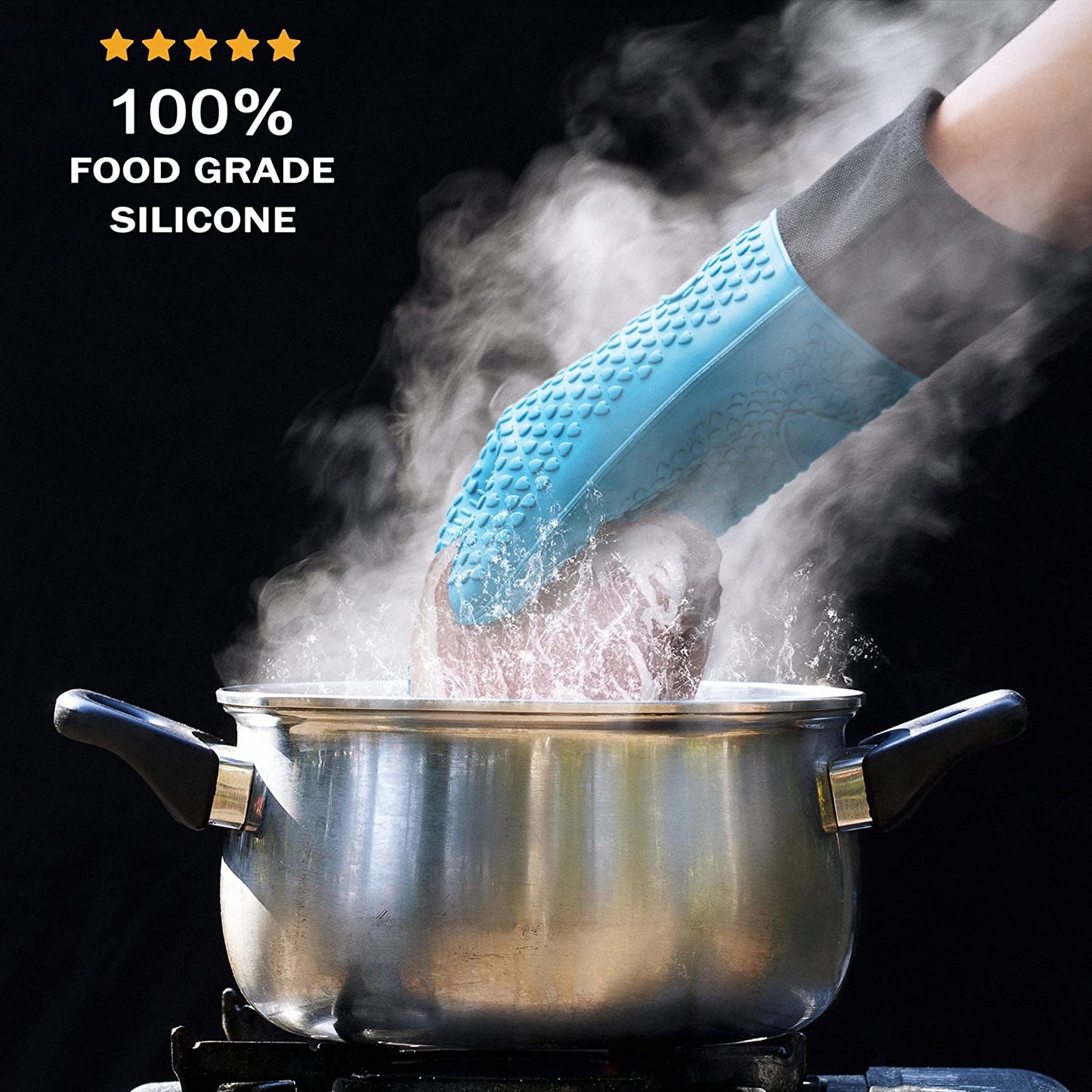 Silicone Cooking Gloves, Grilling Gloves, Heat Resistant Gloves BBQ Kitchen Silicone Oven Mitts, Long Waterproof Non-Slip Potholder for Barbecue, Cooking, Baking