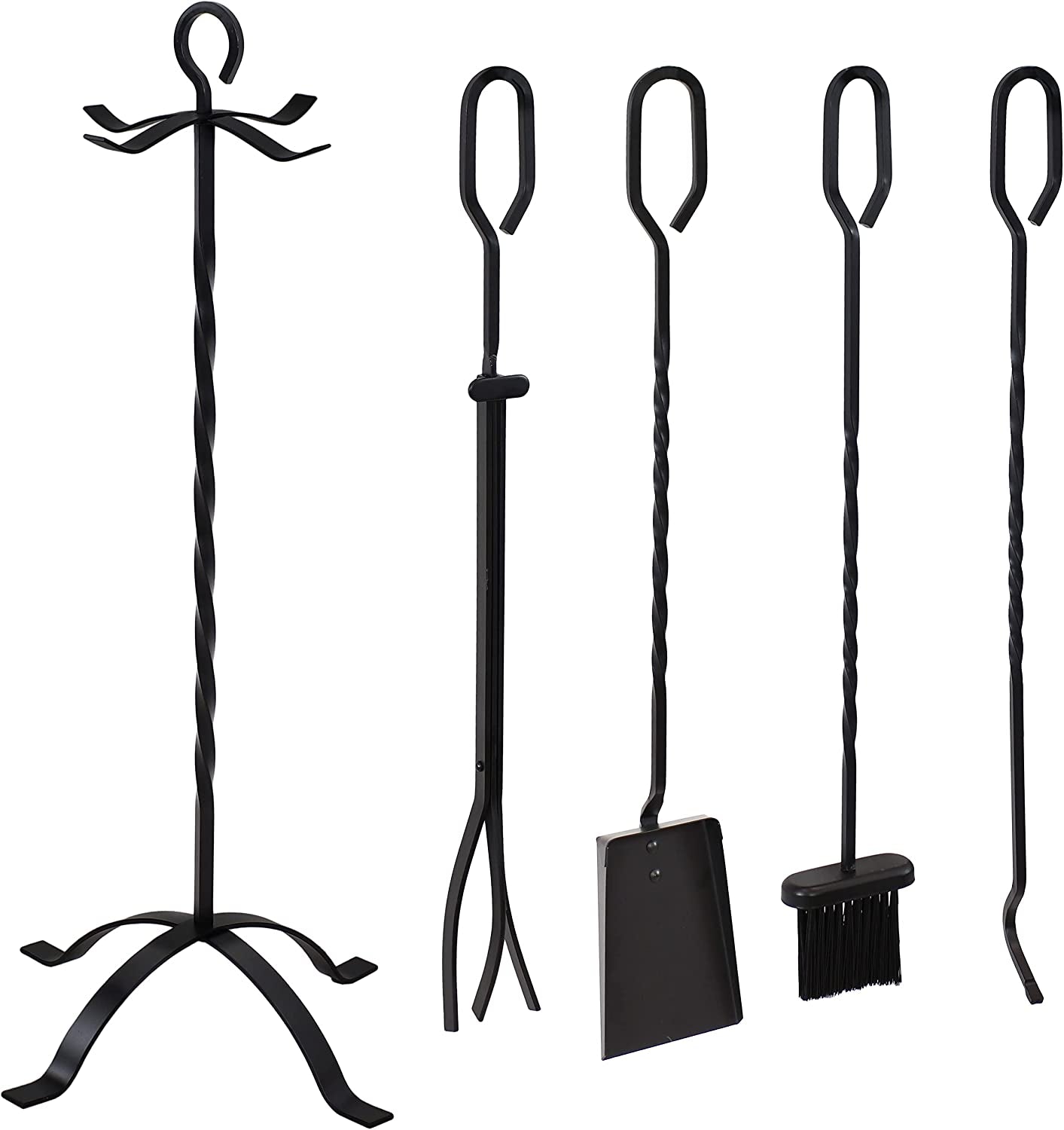 Sunnydaze 4-Piece Fireplace Tool Set with Stand - Heavy-Duty Black Steel Poker, Shovel, Log Grabber and Broom