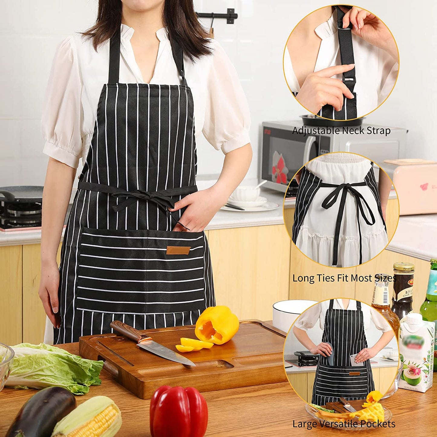 2 Pieces Kitchen Cooking Aprons, Cotton Polyester Blend Adjustable Bib Aprons with 2 Pockets for Women Men Chef Chef (Black/Brown Stripes, 2)