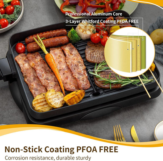 Electric Indoor Grill Korean BBQ Grill Nonstick Smokeless 1500W Detachable Contact Grilling with Smart 5-Heat Temp Controller,Family Size Fast Heat up Tabletop Plate Pfoa-Free Black