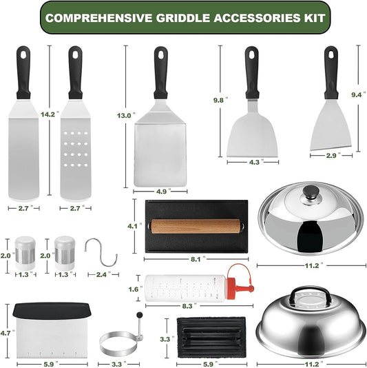 24Pcs Griddle Accessories Set, Stainless Steel Flat Top Grill Spatula Kit for Outdoor Barbecue Camping Cooking, Included Basting Cover, Scraper, Cast Iron Grill Press, Carrying Bag