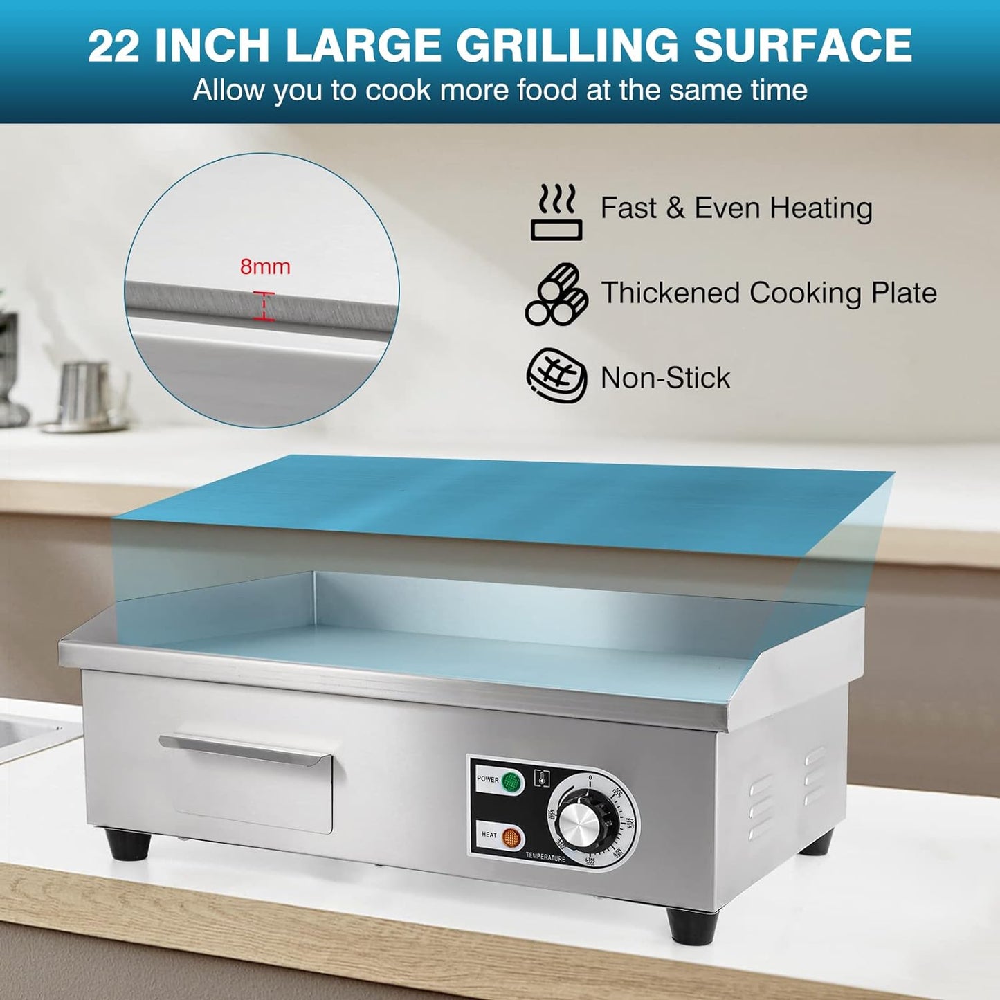Commercial Electric Griddle 22”, 3000W Electric Flat Top Griddle Grill Indoor with 122~572℉ Adjustable Temperature Control, Non-Stick Stainless Steel Teppanyaki Grill for Restaurant, Hotel