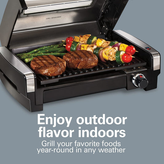 Electric Indoor Searing Grill with Viewing Window & Adjustable Temperature Control to 450F, 118 Sq. In. Surface Serves 6, Removable Nonstick Grate, Stainless Steel