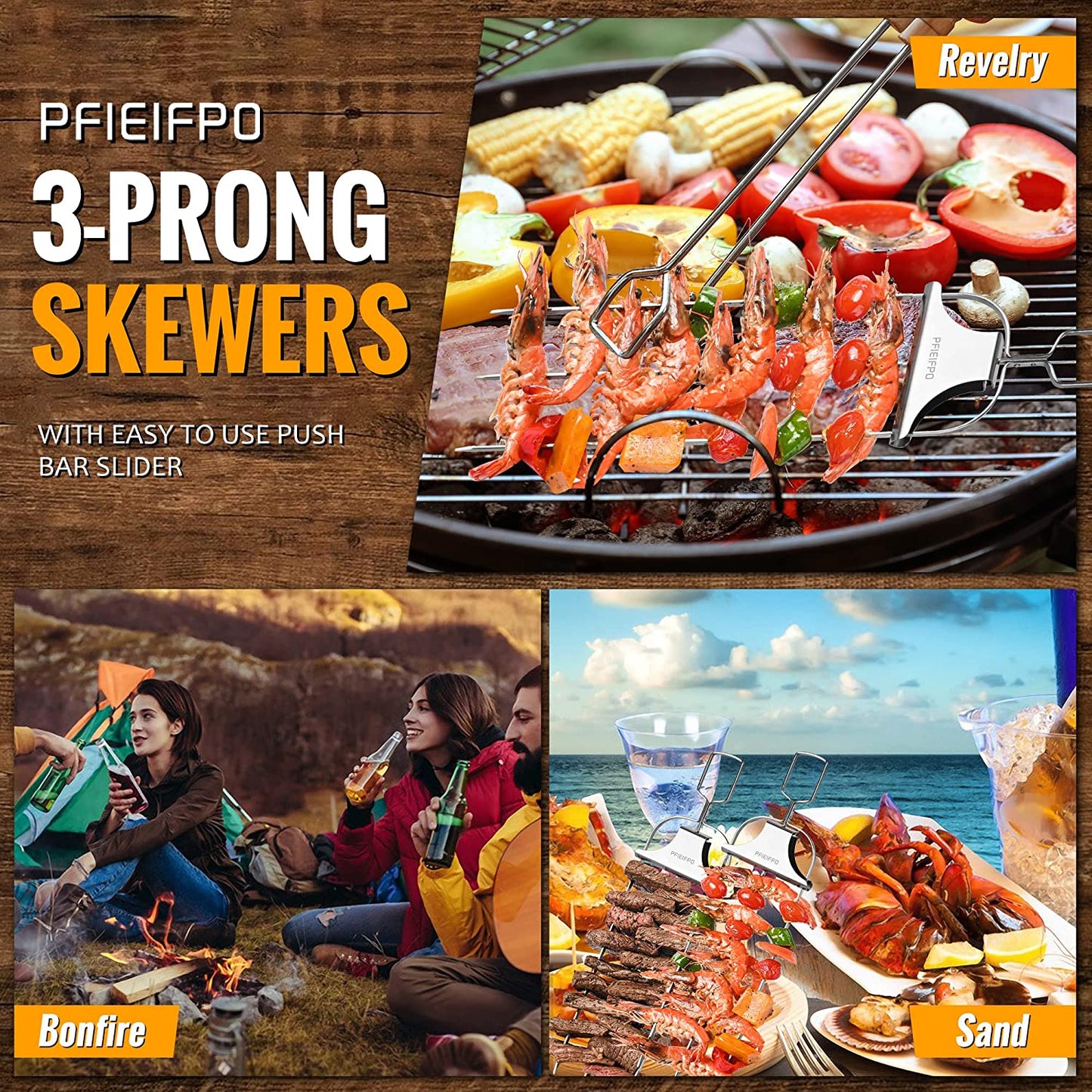 Grilling Savant 3 Way Skewers,14 Inch Metal Skewers for Grilling,Easy to Use Push Bar Slider, BBQ Accessory, Perfect for Meat,Veggies,Fruits,Marshmallow Roasting Sticks Grill Kabob Skewer.