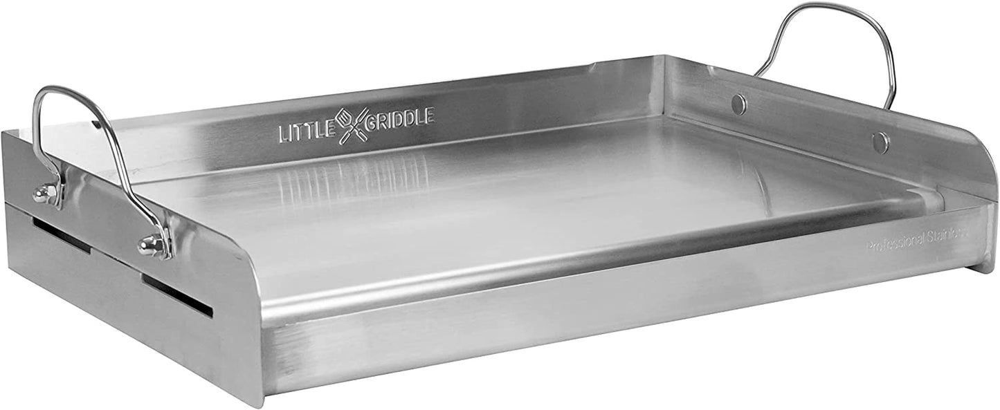 Griddle-Q GQ230 100% Stainless Steel Professional Quality Griddle with Even Heat Cross Bracing and Removable Handles for Charcoal/Gas Grills, Camping, Tailgating, Parties (25"X16"X6.5")