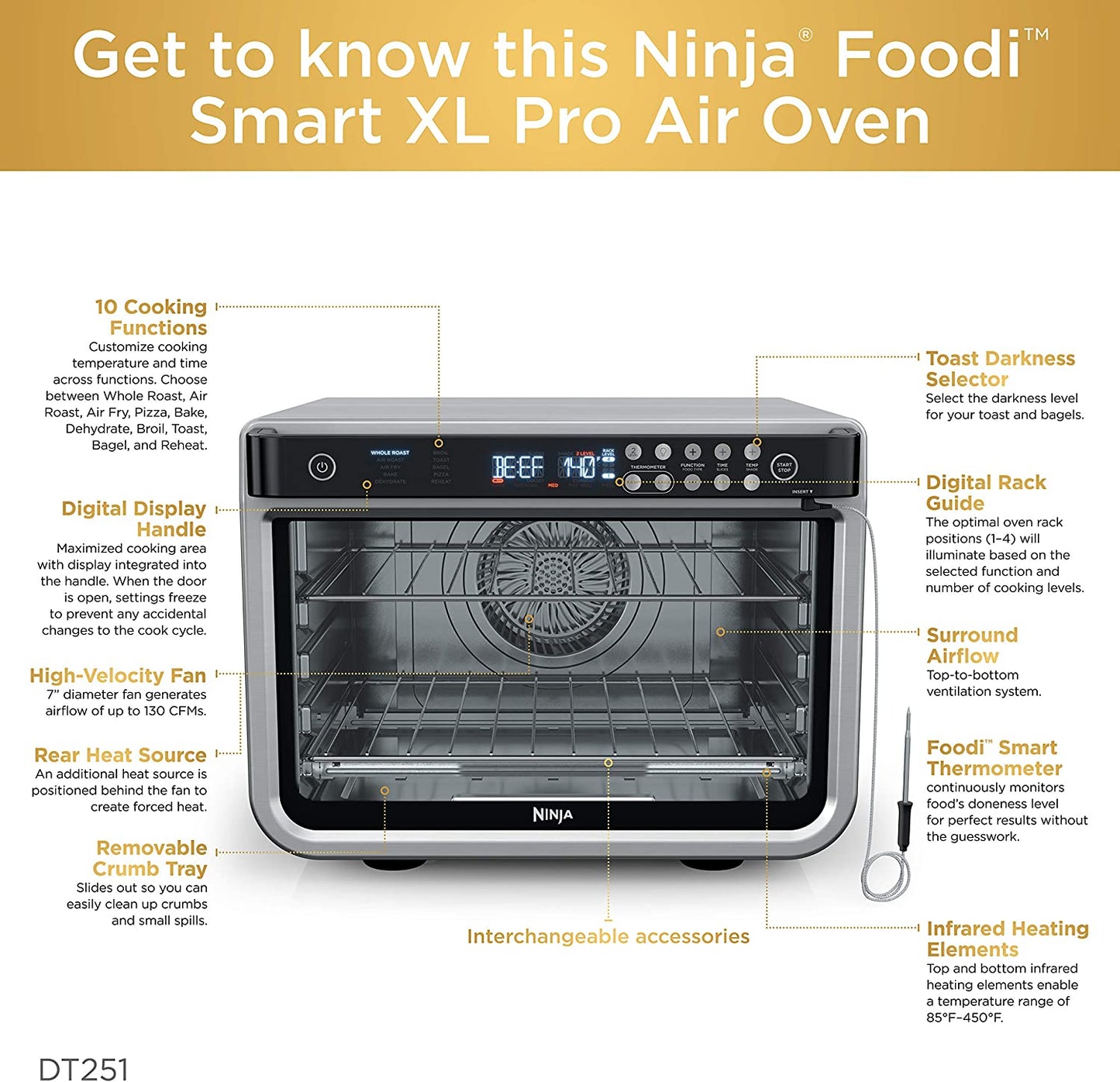 DT251 Foodi 10-In-1 Smart XL Air Fry Oven, Bake, Broil, Toast, Roast, Digital Toaster, Thermometer, True Surround Convection up to 450°F, Includes 6 Trays & Recipe Guide, Silver