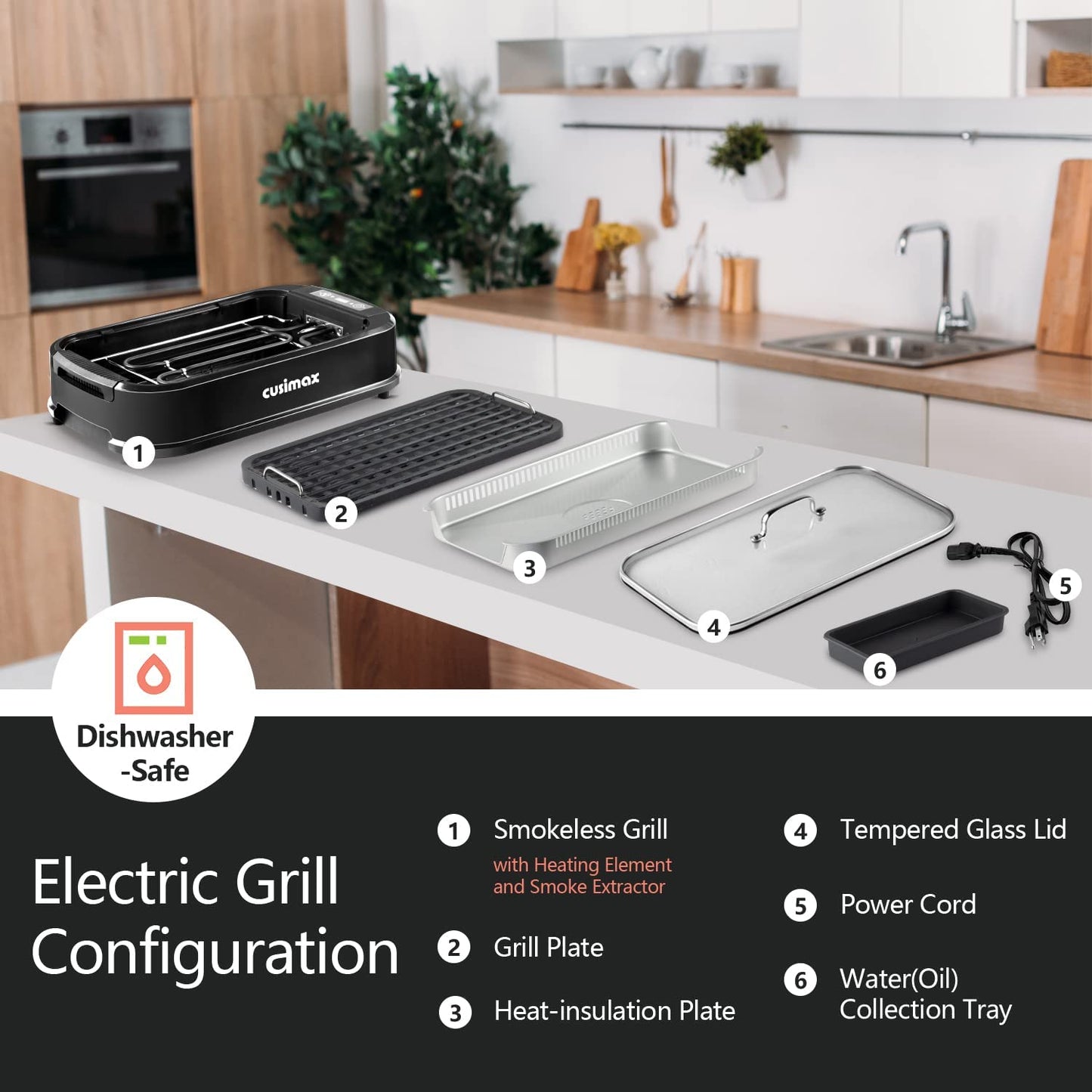 Smokeless Grill Indoor, Electric Grill, 1500W Grill Portable Korean BBQ Grill with LED Smart Display & Tempered Glass Lid, Non-Stick Removable Grill Plate, Dishwasher Safe, Black