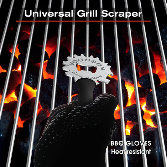 Grill Scraper Tool - Bristle Free Safe BBQ Cleaner with 1 Reusable Cleaning Gloves - Stainless Steel Heavy Duty Barbecue Brush Substitute Extended Handle & Bottle Opener Accessories