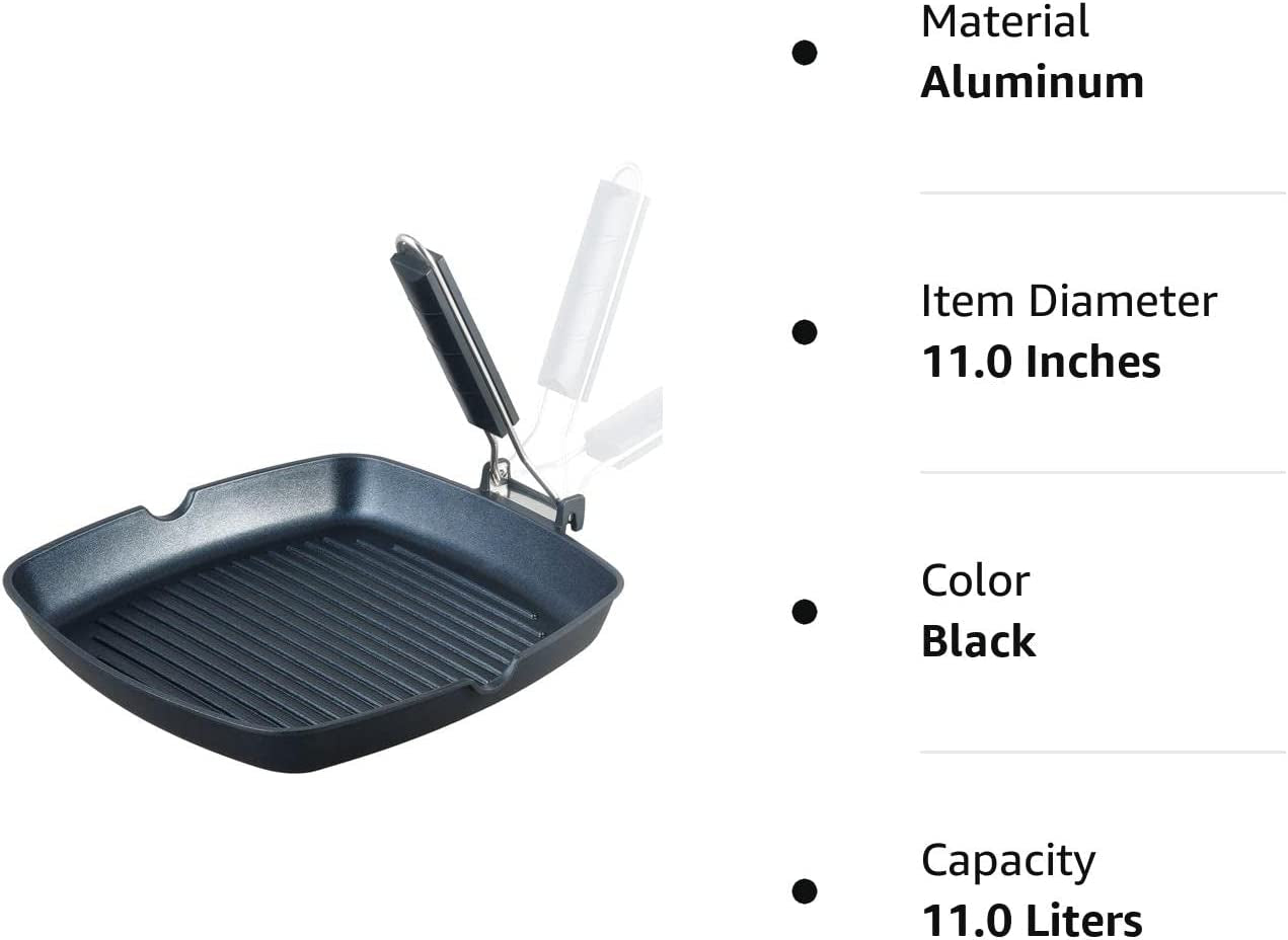 Grill Pan with Folding Handle, Nonstick Grill Pan for Stove Tops, Induction Compatible KBBQ Grill Pan with Pour Spouts, Indoor Square BBQ Grilling Pan… (11 In)