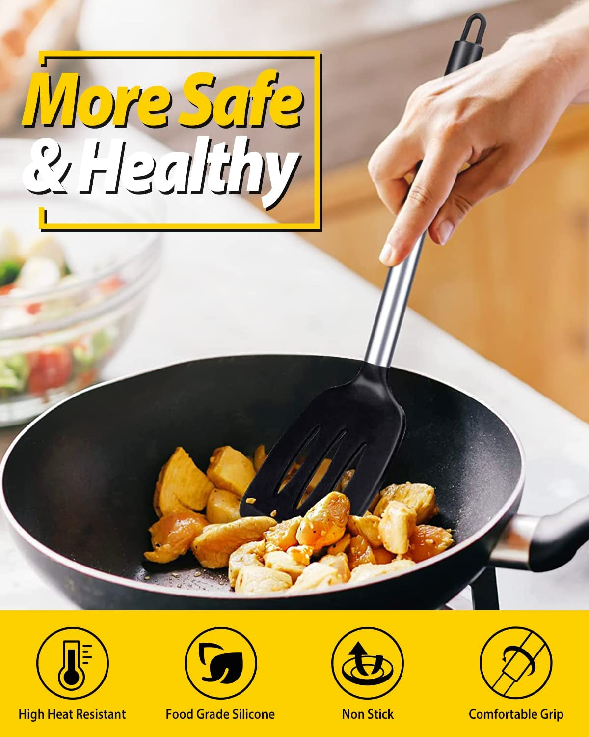 Pack of 2 Silicone Solid Turner,Non Stick Slotted Kitchen Spatulas,High Heat Resistant BPA Free Cooking Utensils,Ideal Cookware for Fish,Eggs,Pancakes (Black)