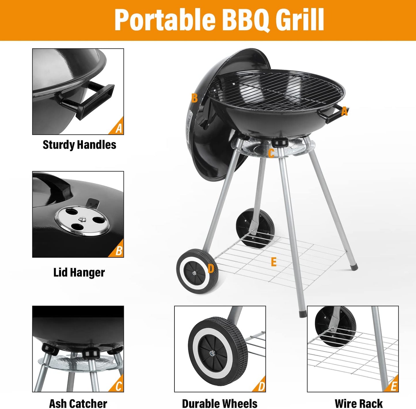 Wonlink Portable Charcoal Grill, 18.5 Inch Camping BBQ Grill with Wheels for Outdoor Cooking Picnic Barbecue