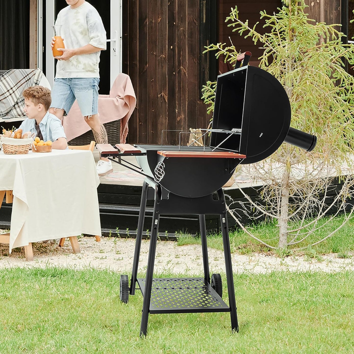 CC1830V 30 Barrel Charcoal Grill with Wood-Painted Side Front Table, 627 Square Inches Cooking Space, for Outdoor Backyard, Patio and Parties, Black