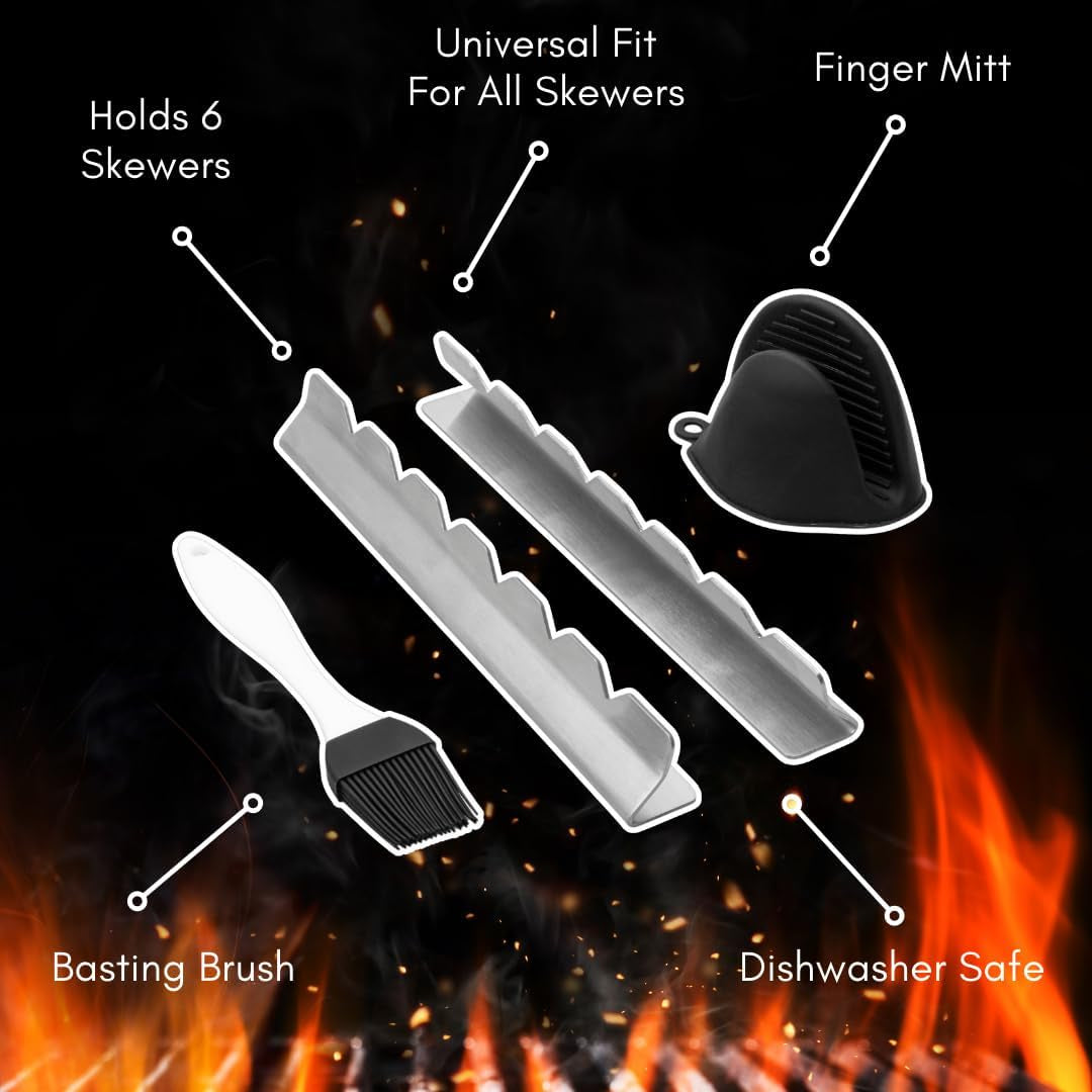 RIMCROW Kabob Rack for Grill, Oven or Smoker; Holds Shish Kebab Skewers for BBQ; Stand Is Compatible with Round, Flat, Metal, or Bamboo Skewer Sticks; Includes Basting Brush and Silicone Mitt