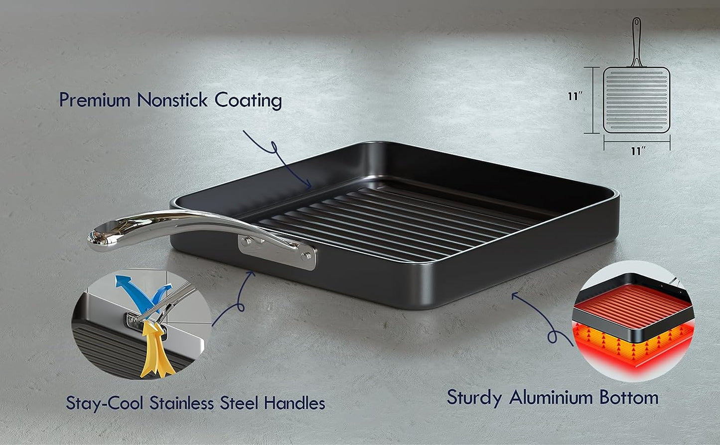 Hard Anodized Nonstick Square Grill Pan, 11 X 11-Inch, Black