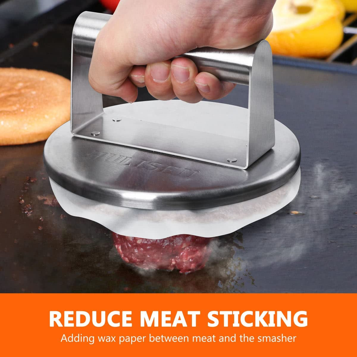 HULISEN Stainless Steel Smashed Burger Press, 6 Inch round Burger Smasher, Griddle Hamburger Press, Non Stick Grill Press for BBQ Griddle Cooking, Griddle Accessories Kit, Gift Package