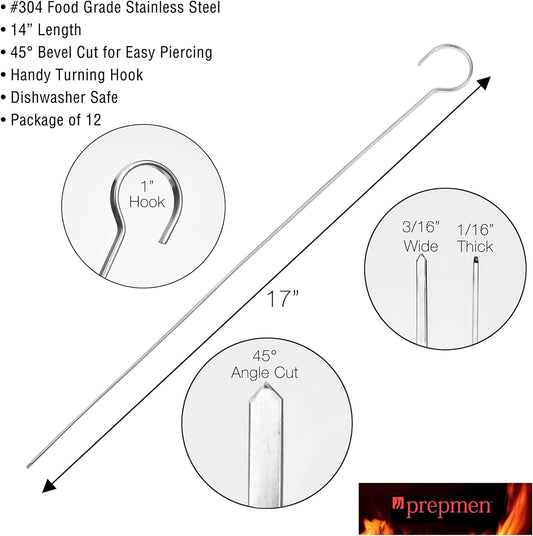 Flat Stainless Steel Kabob Skewers 12 Pack (17 Inch)